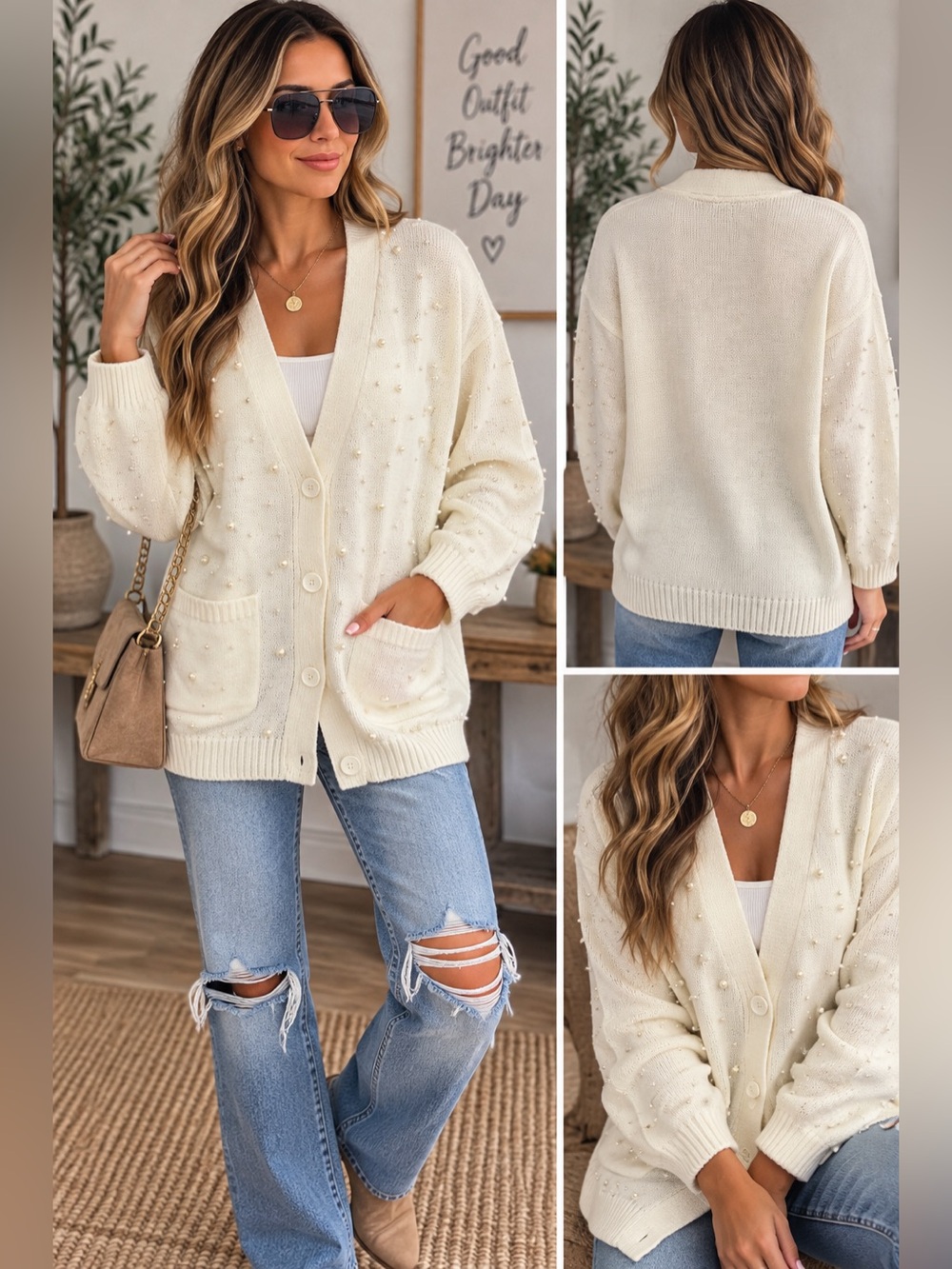 NWT RD Style Pearl-Embellished Cream V-Neck Cardigan